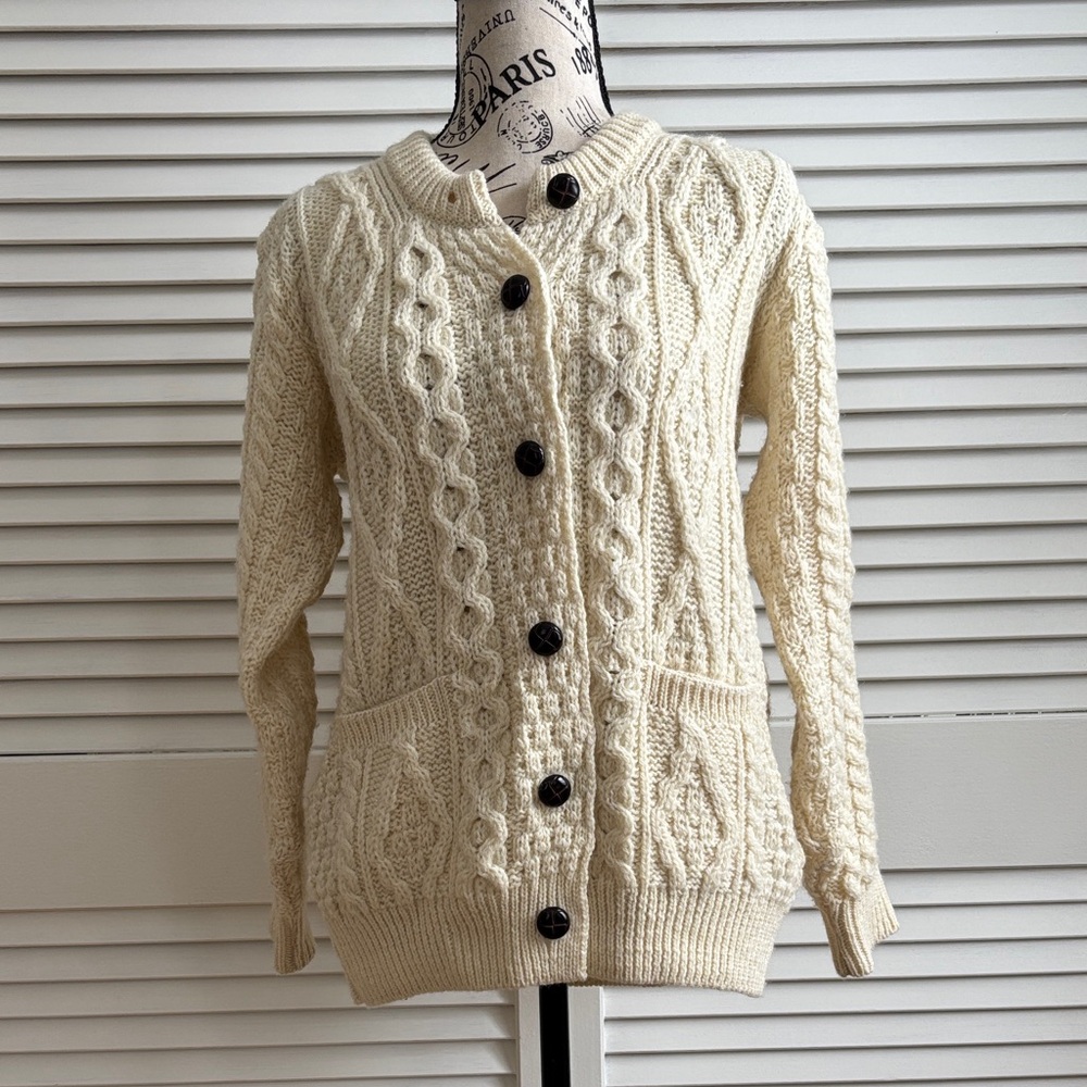 Aran Woollen Mills Irish Wool Cable Knit Cardigan Sweater Cream L